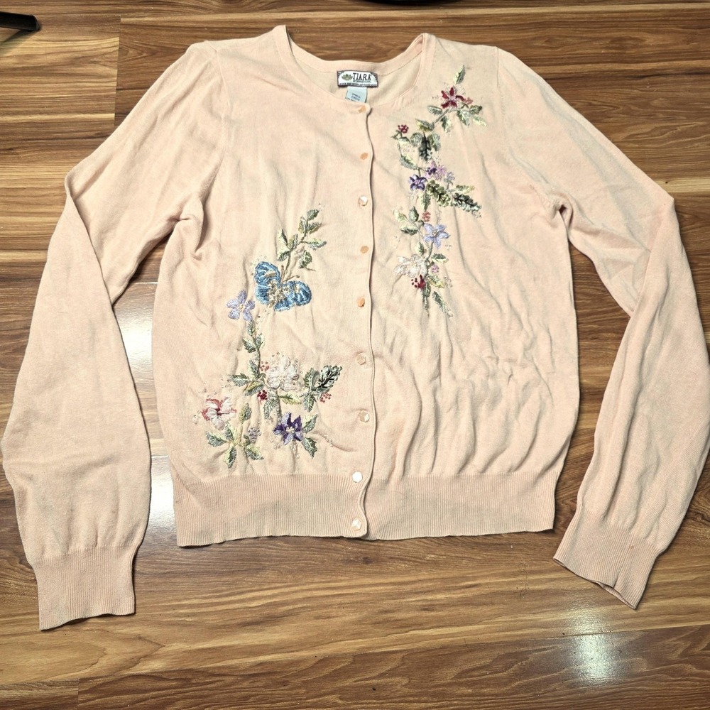 Vintage Tiara International Sweater Womens Small Pink Butterfly Floral 2000s